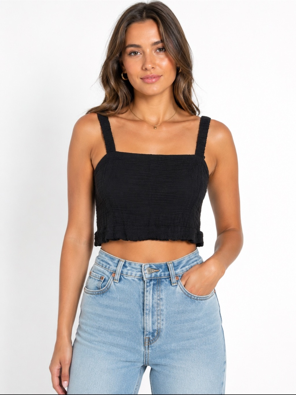 Z Supply Black Gauze Smocked Sleeveless Crop Tank Top Small